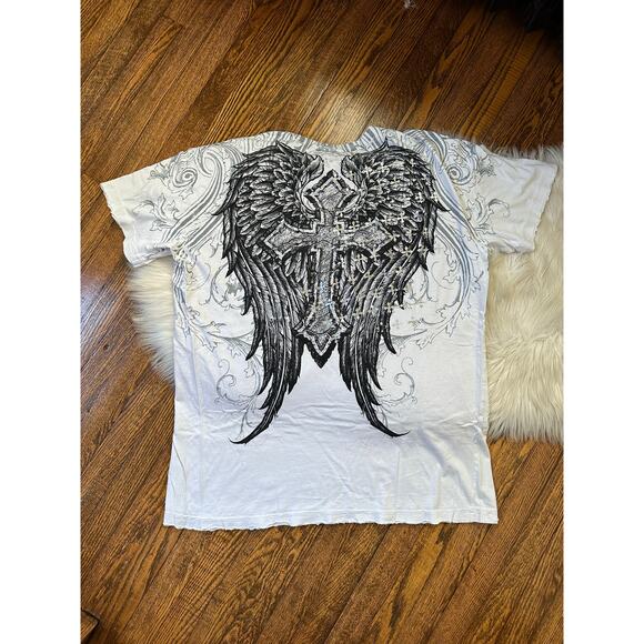 Vintage Y2K Affliction Men’s Distressed White Cross Wings Short Sleeve T Shirt - Picture 1 of 9